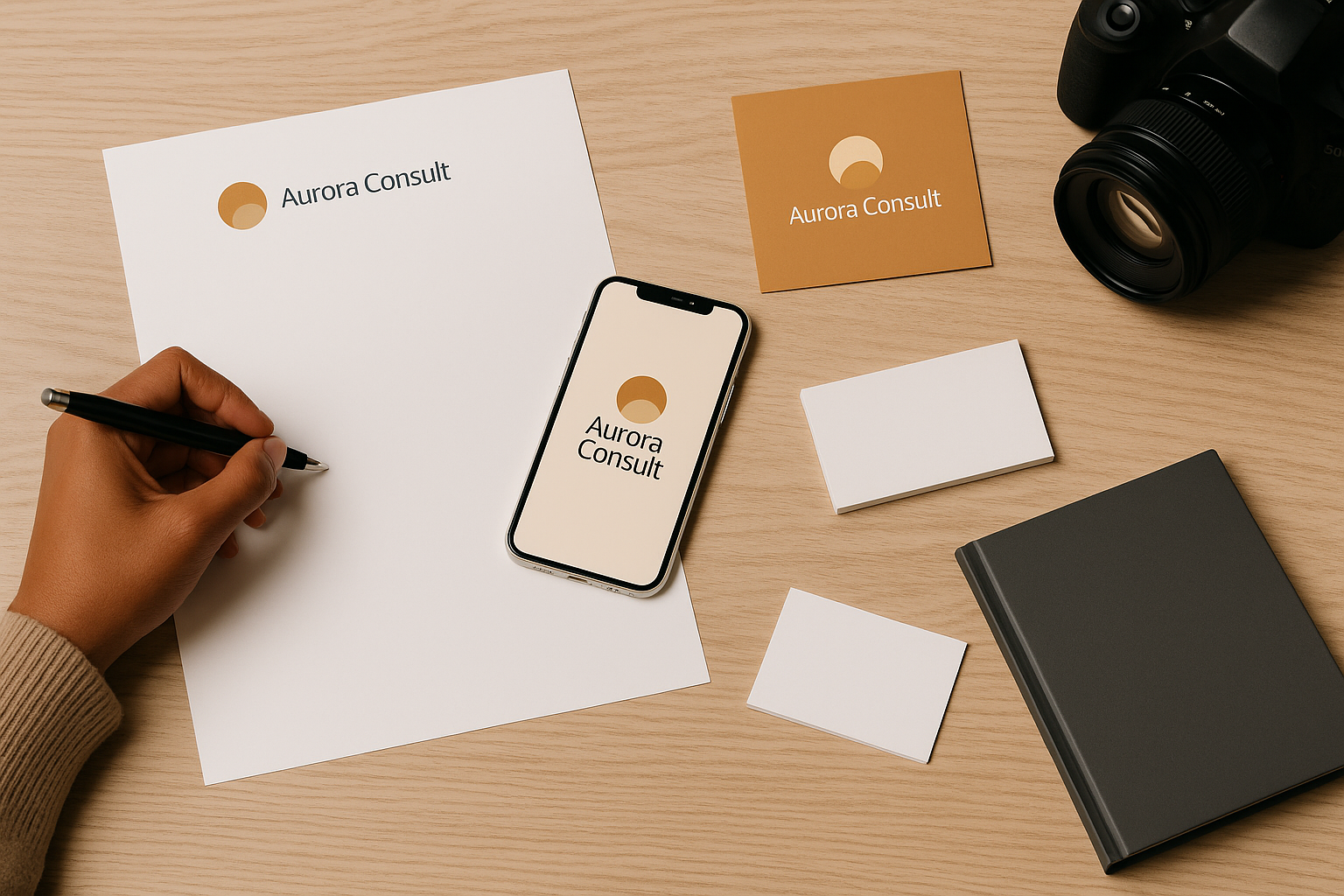 Brand and assets arranged on a desk for a small business
